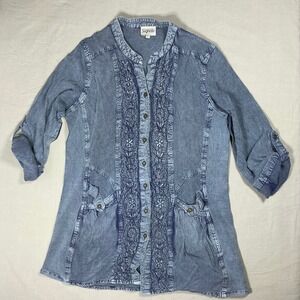 Signals Blue Acid Wash Embroidered Tunic Top Button Down Roll Tab Sleeve Large